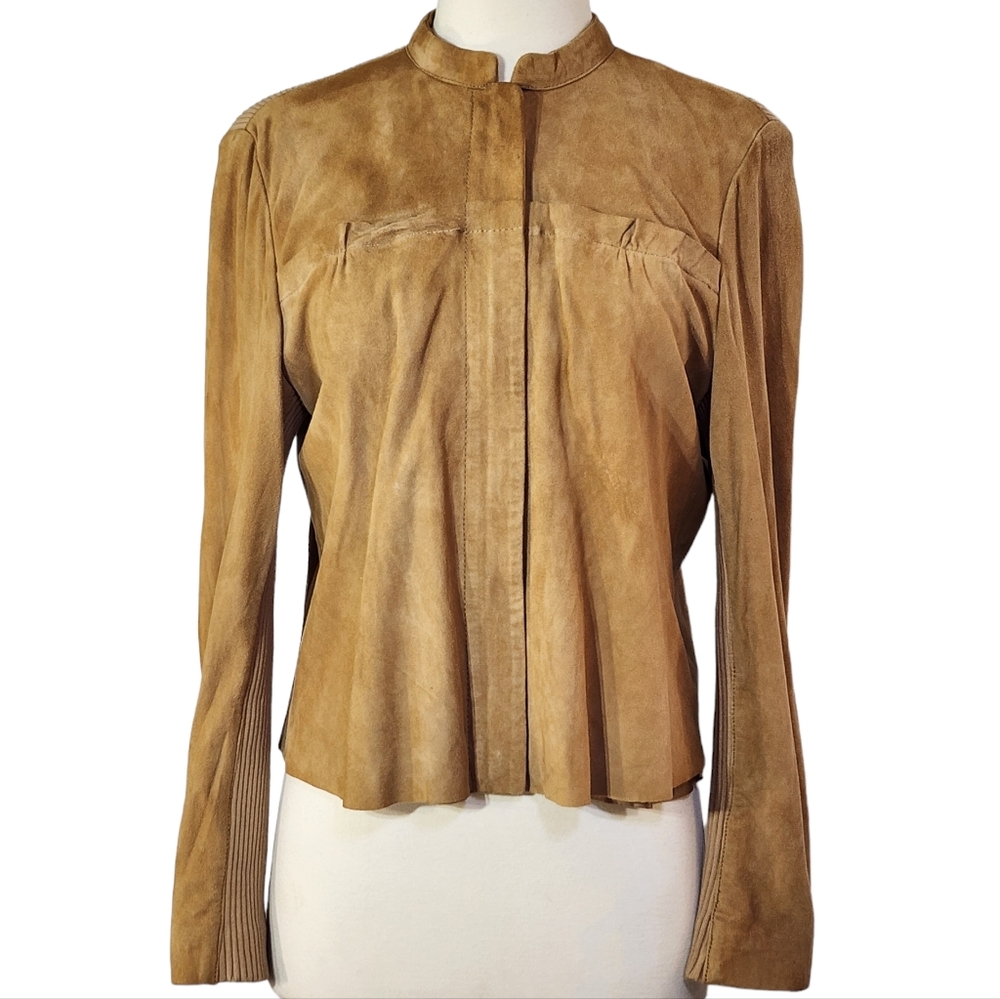 Vintage Juicy Couture Y2K Camel Tan Suede Ruffle Jacket Womens Size M